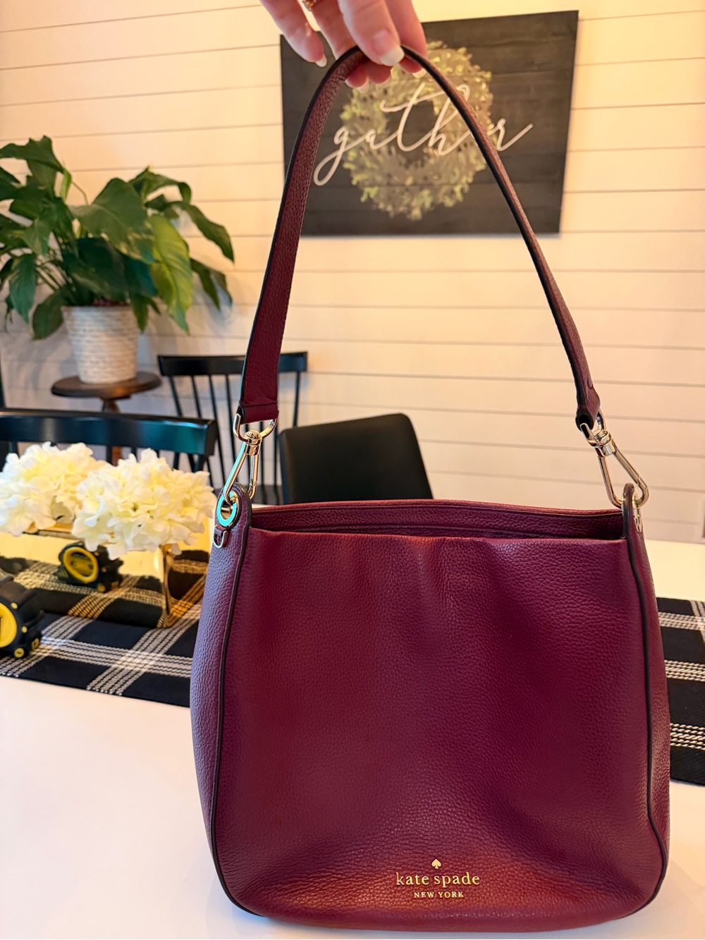 kate spade Burgundy Pebbled Leather Shoulder Bag with Gold Hardware
